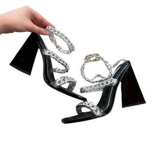 Cape Robbin Rhinestone Chain Chunky Heel Sandals Black Silver Size 8.5